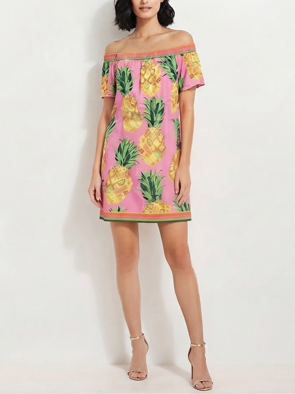 TRINA TURK Kelso Peony Pink Pineapple Off The Shoulder Shift Mini Dress M❤️